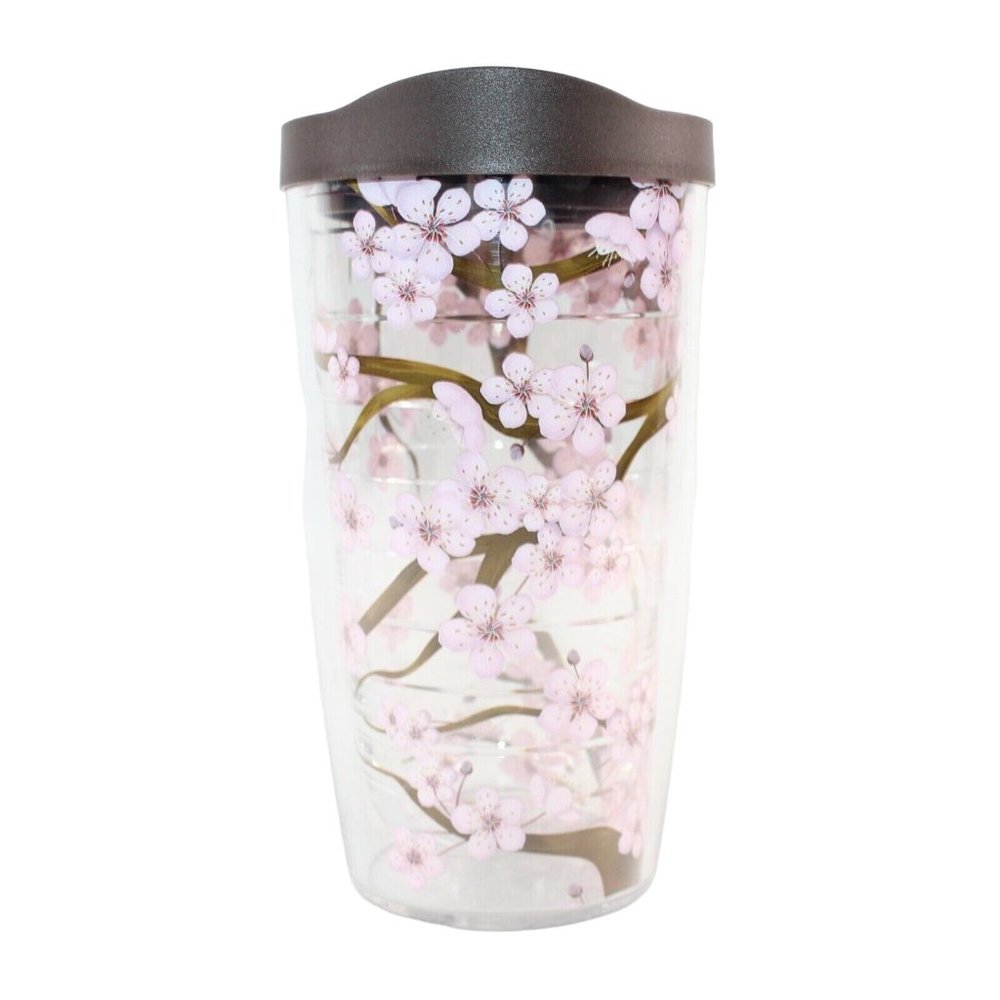 Tervis Tumbler 16oz Brown Lid Pink Cherry Blossoms Floral Retired Pattern Cup